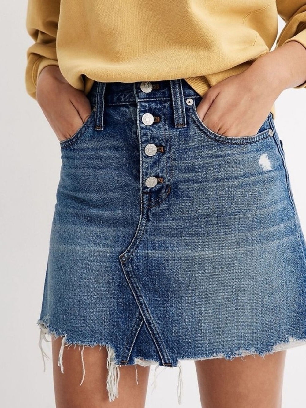Madewell Blue Distressed Denim Mini Skirt with Raw Hem